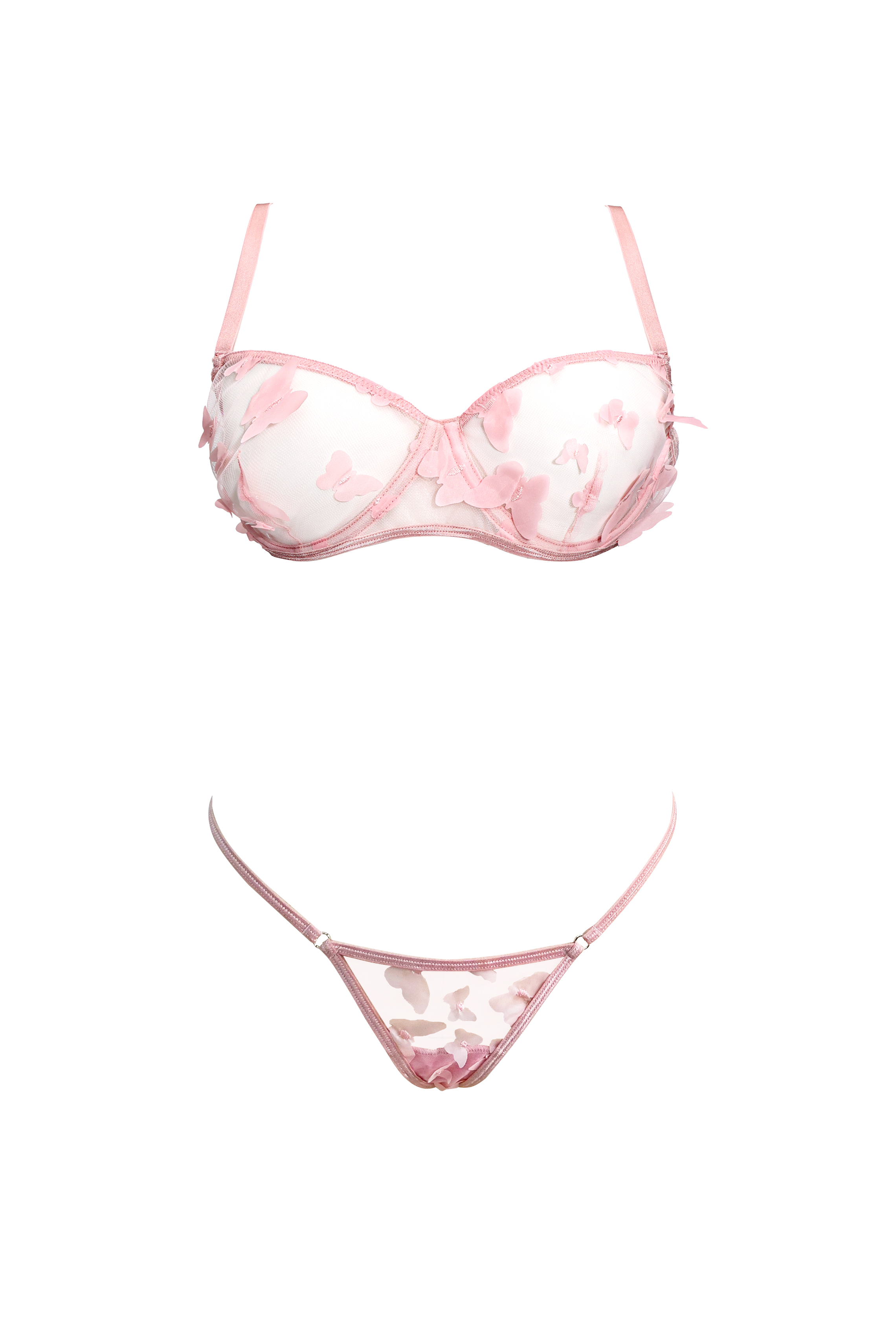 Free Tonight - Dreamingbaby Pink Butterfly Embroidery Mesh Underwire Bra & G-String Set