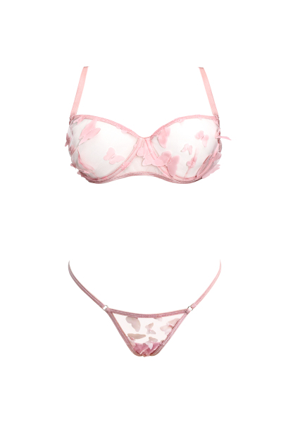 Free Tonight - Dreamingbaby Pink Butterfly Embroidery Mesh Underwire Bra & G-String Set