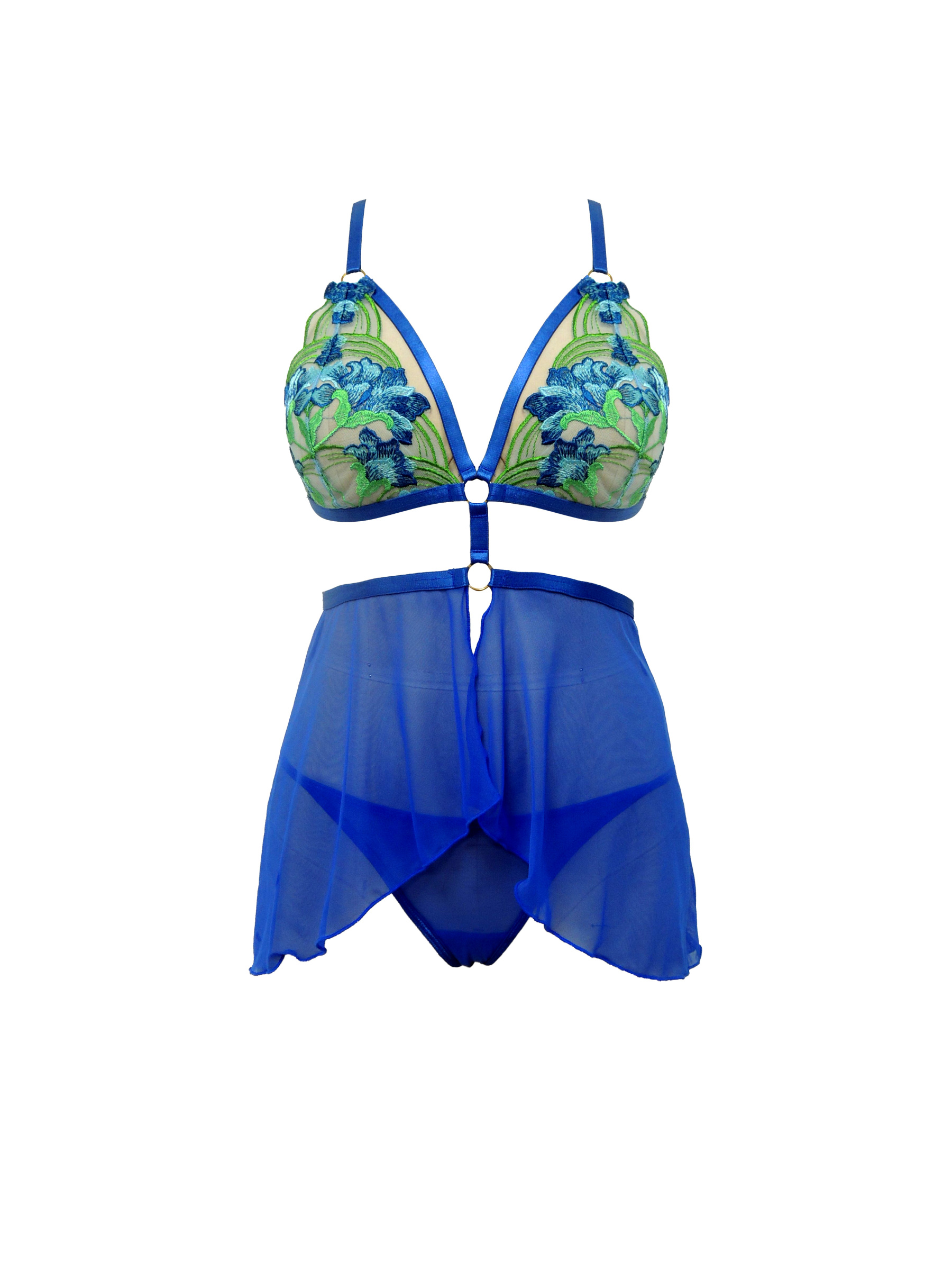 Free Tonight - 3D Embroidered Mesh Babydoll & Thong Set
