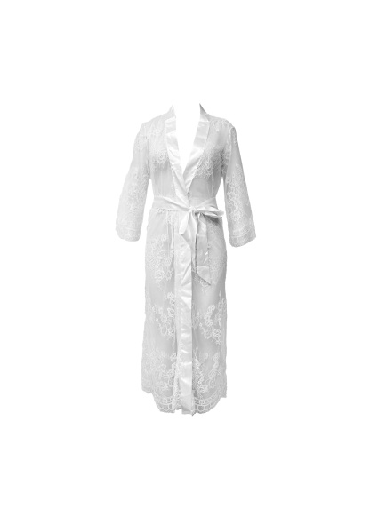 Free Tonight-Women's Elegant Sheer Flora Eyelash Lace Embroidered 3/4 Long Sleeve V-neck Wedding Gown Mesh Robe-FreeTonight