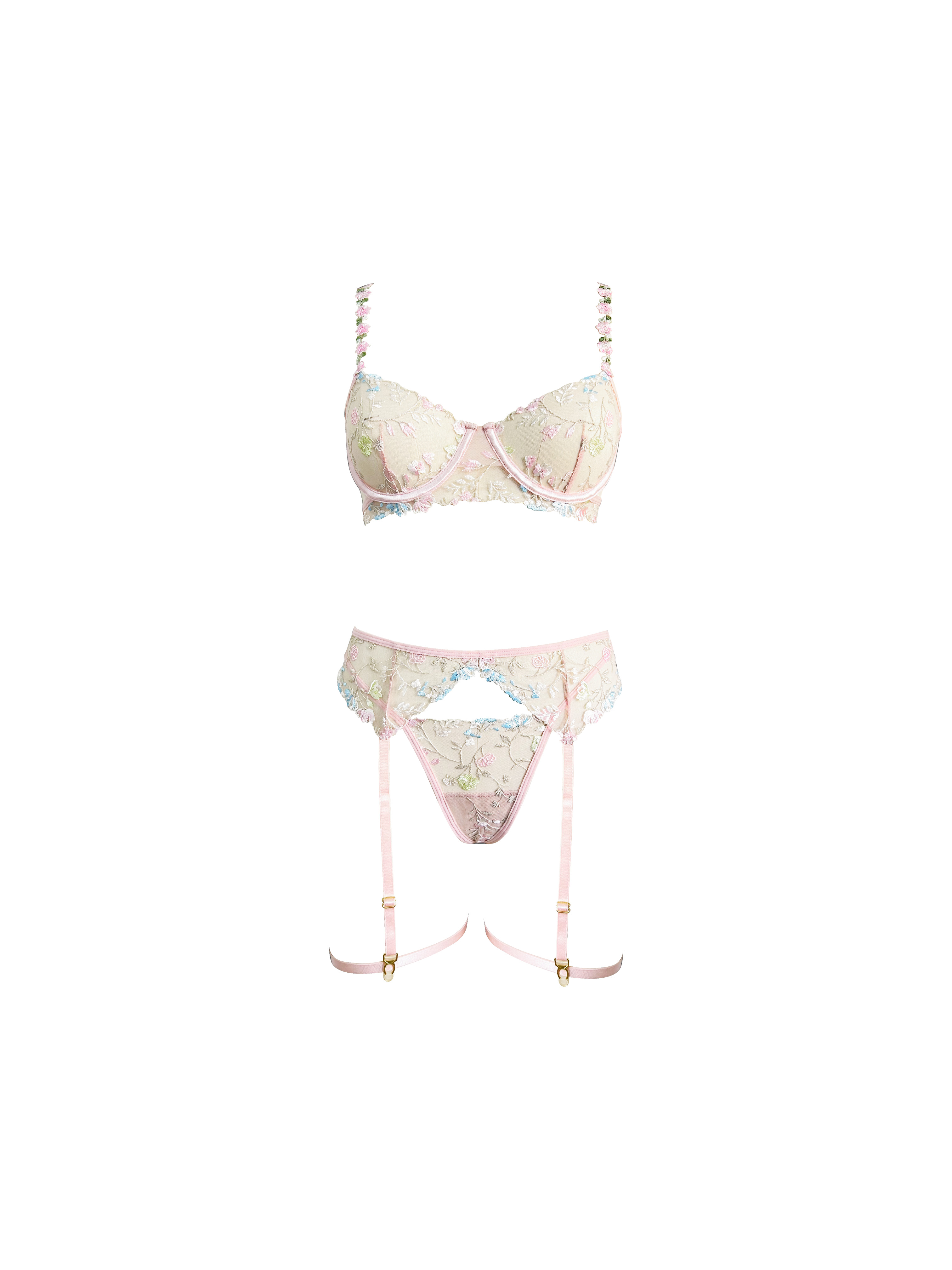 Free Tonight-Sexy Floral Embroidery Adjustable Underwire Bra & Thong Leg Straps Four-piece Lingerie Set-FreeTonight