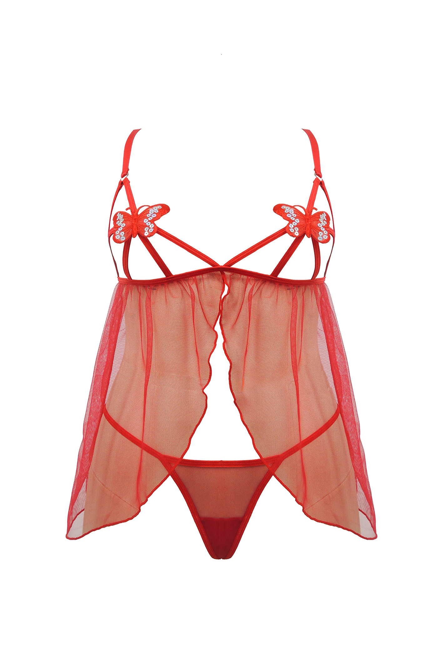 Free Tonight - Red Sequin Butterfly Babydoll & Thong Adjustable Bra Set