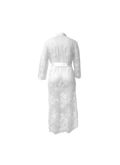 Free Tonight-Women's Elegant Sheer Flora Eyelash Lace Embroidered 3/4 Long Sleeve V-neck Wedding Gown Mesh Robe-FreeTonight
