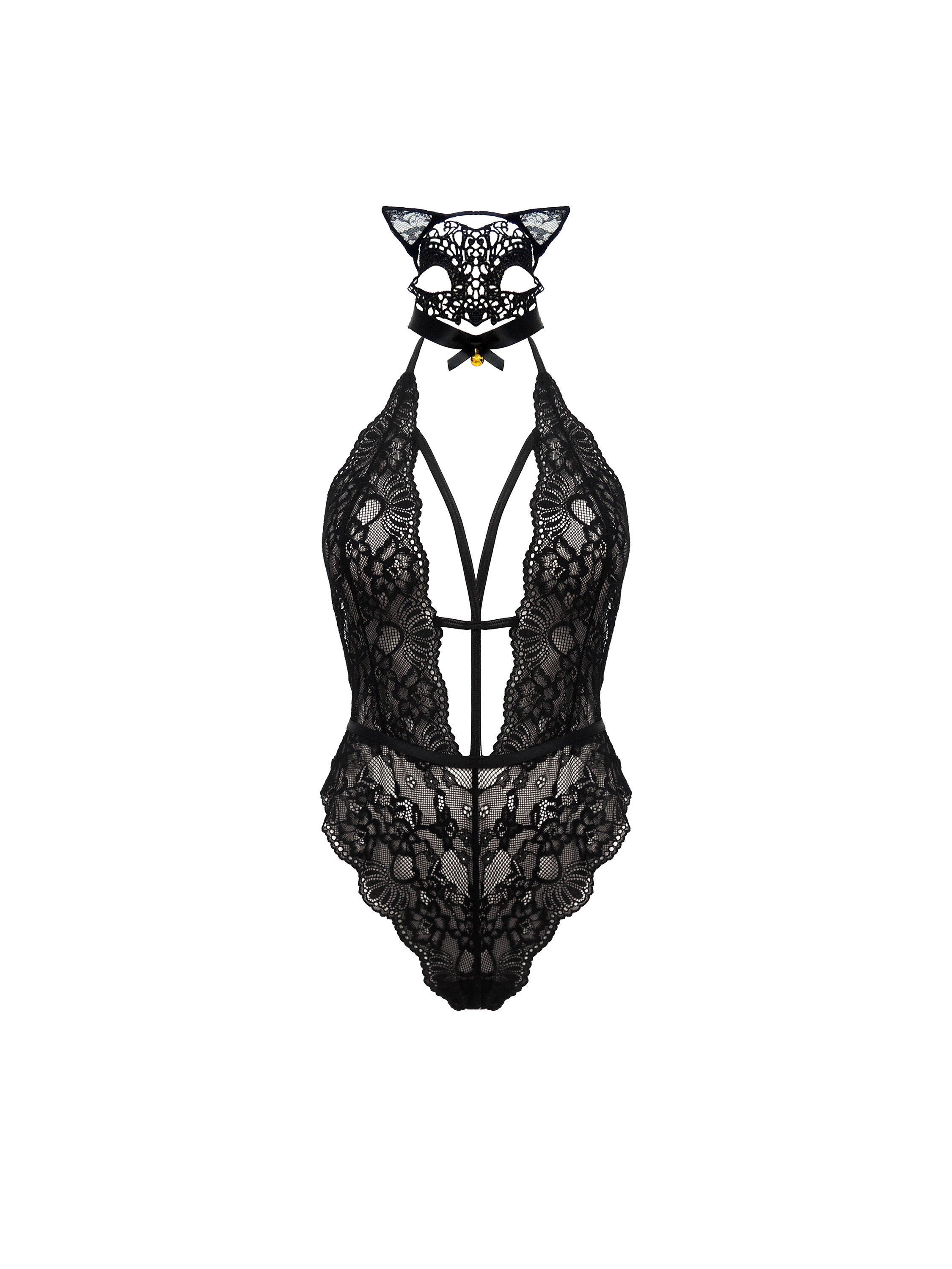 Free Tonight - Women's Lace Halter with Eye Mask and Cat Ear Headdress One-Piece Lingerie
