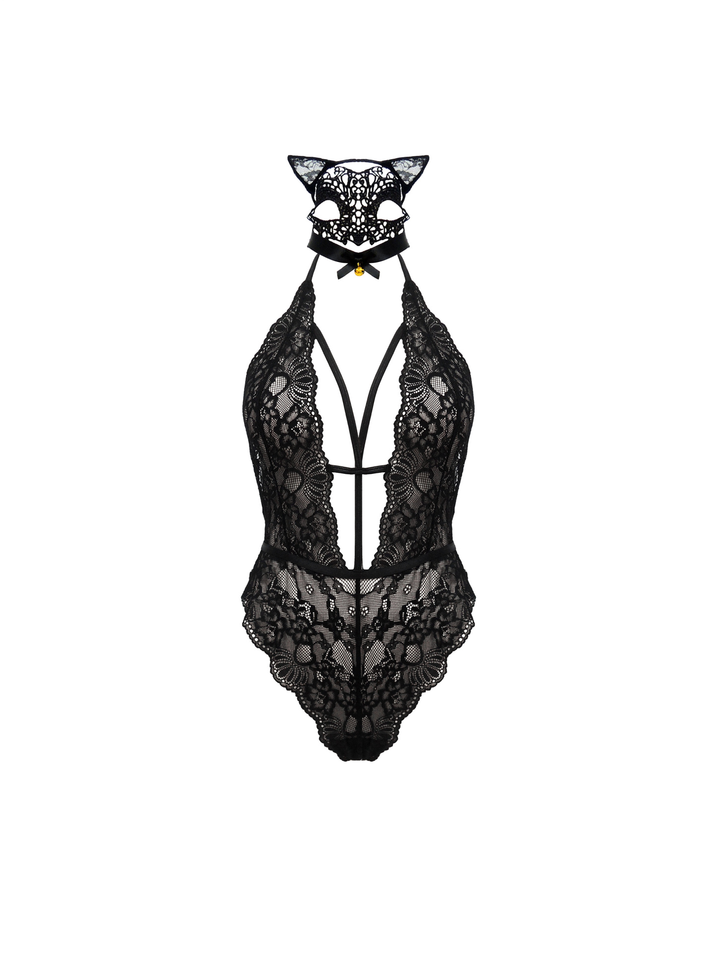 Free Tonight - Women's Lace Halter with Eye Mask and Cat Ear Headdress One-Piece Lingerie