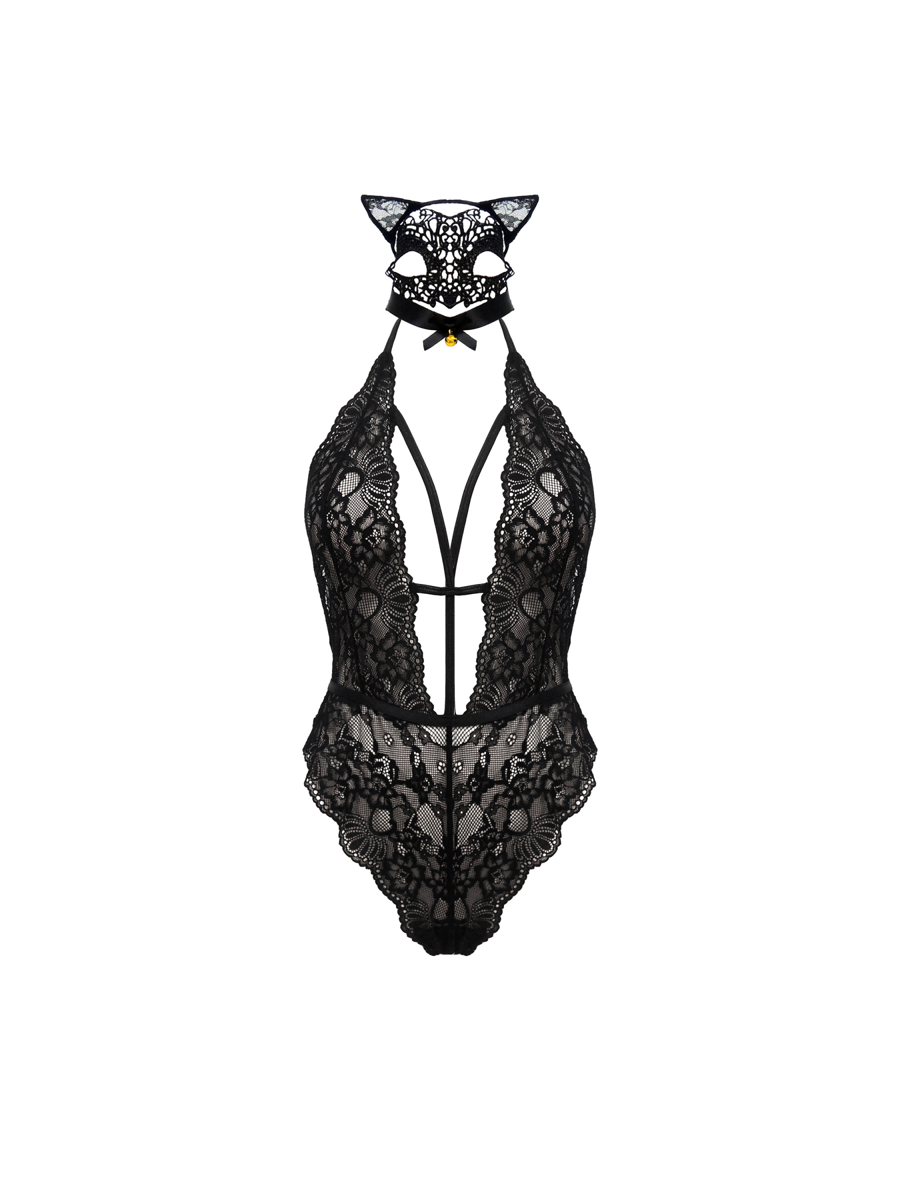 Free Tonight - Women's Lace Halter with Eye Mask and Cat Ear Headdress One-Piece Lingerie