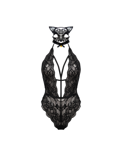 Free Tonight - Women's Lace Halter with Eye Mask and Cat Ear Headdress One-Piece Lingerie
