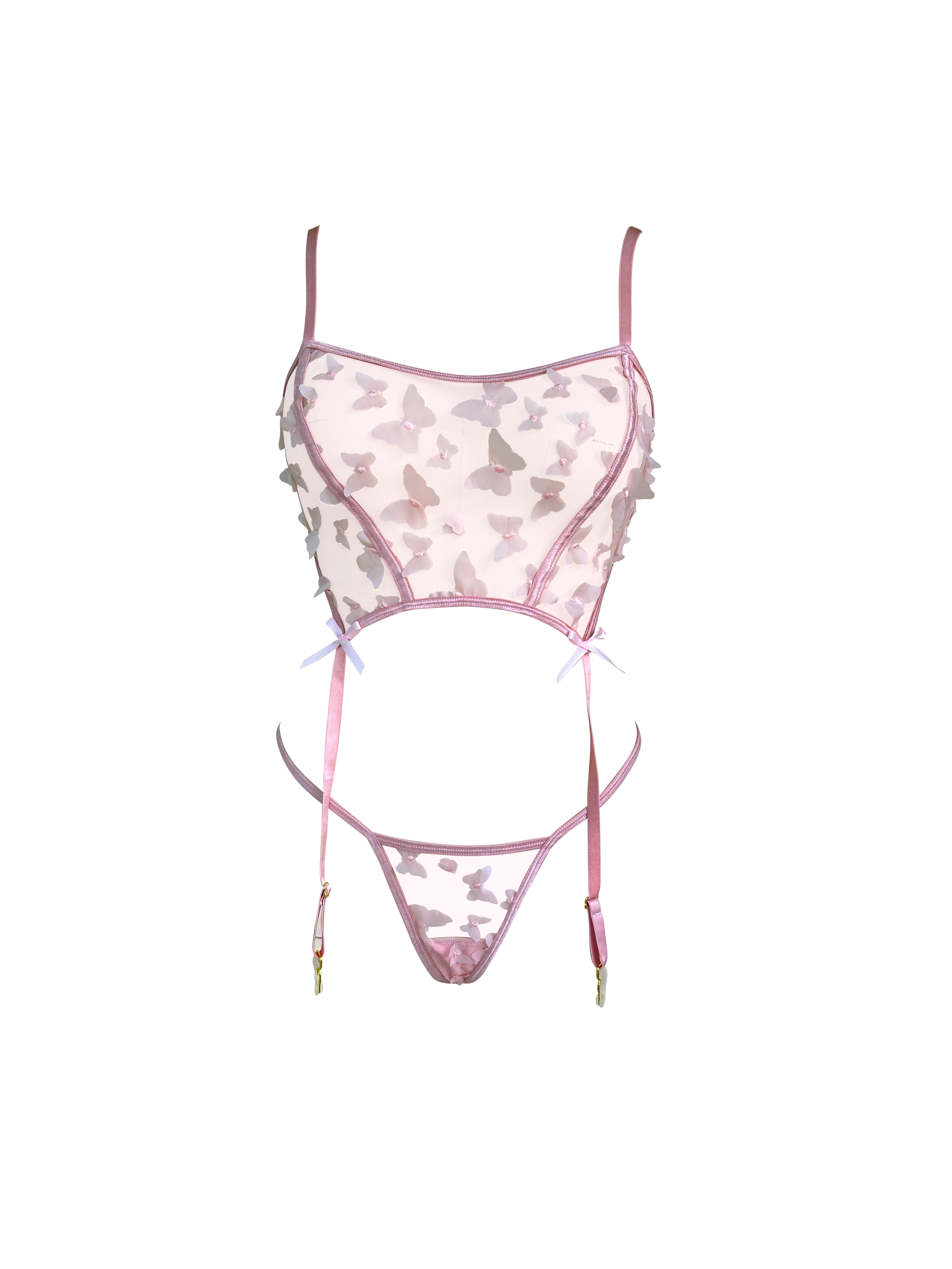 Free Tonight - Pink Butterfly Embroidery Mesh Bustier Garter Set