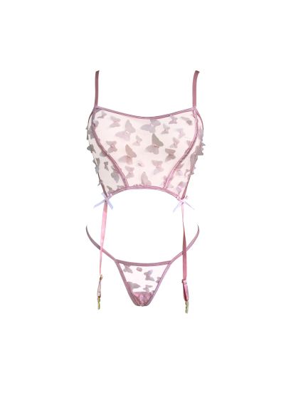 Free Tonight - Pink Butterfly Embroidery Mesh Bustier Garter Set