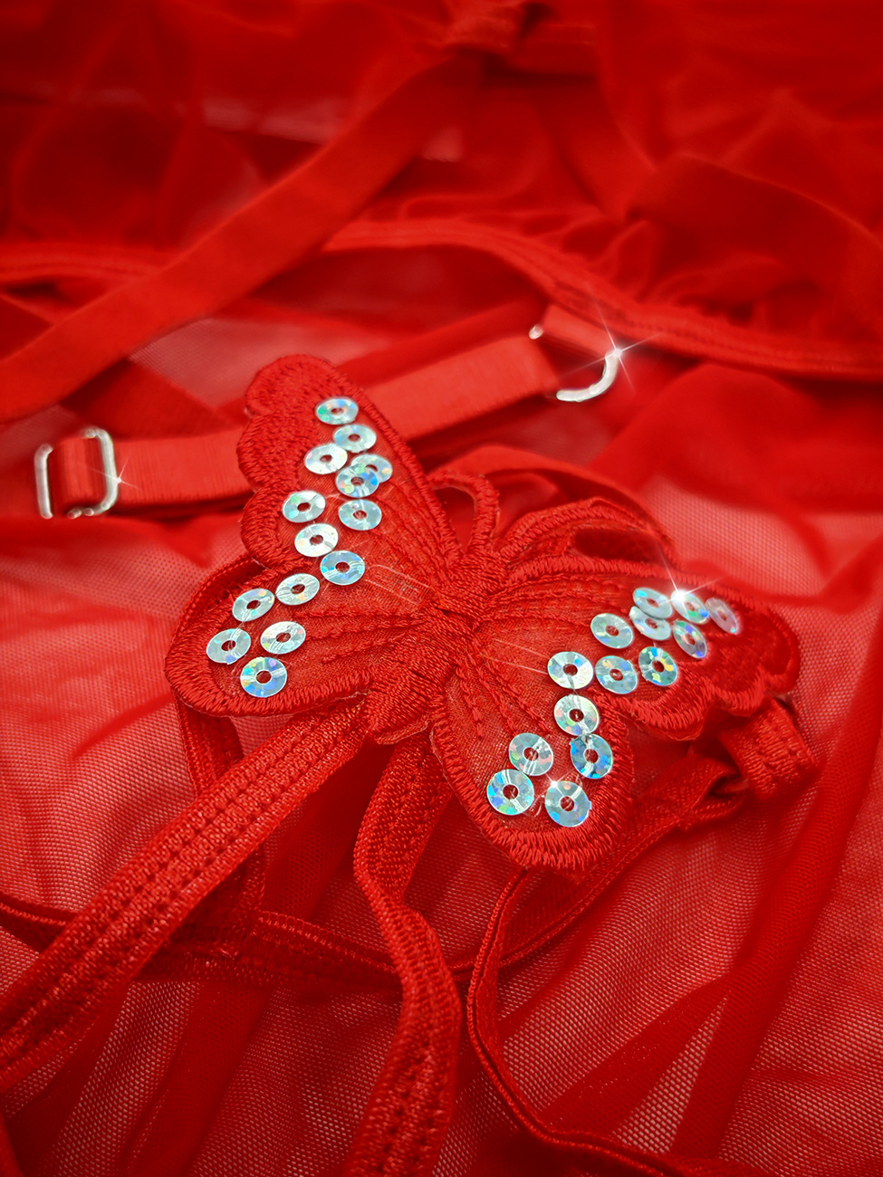 Free Tonight - Red Sequin Butterfly Babydoll & Thong Adjustable Bra Set
