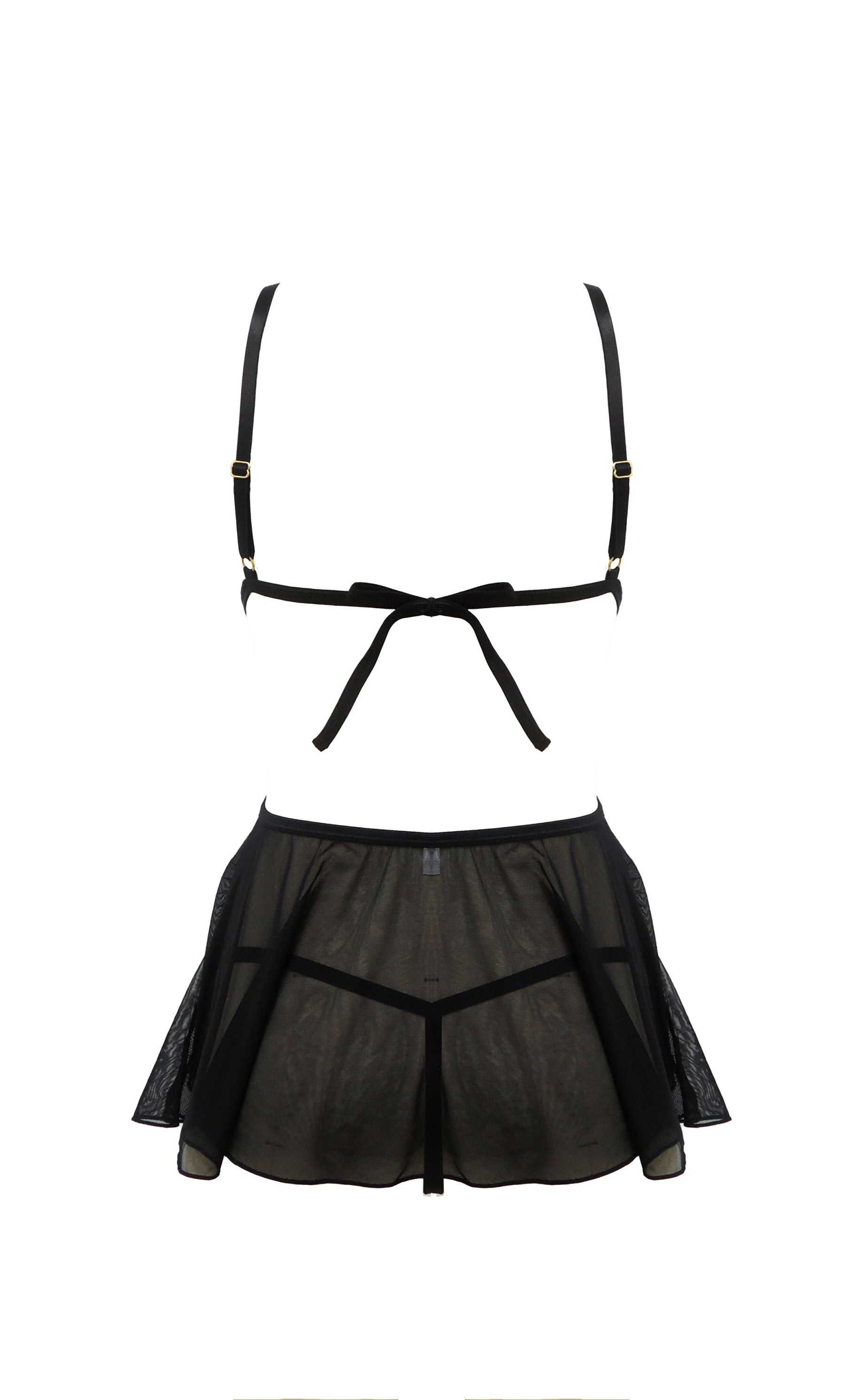 Free Tonight - Black Floral Embroidery Mesh Babydoll & G-String Set