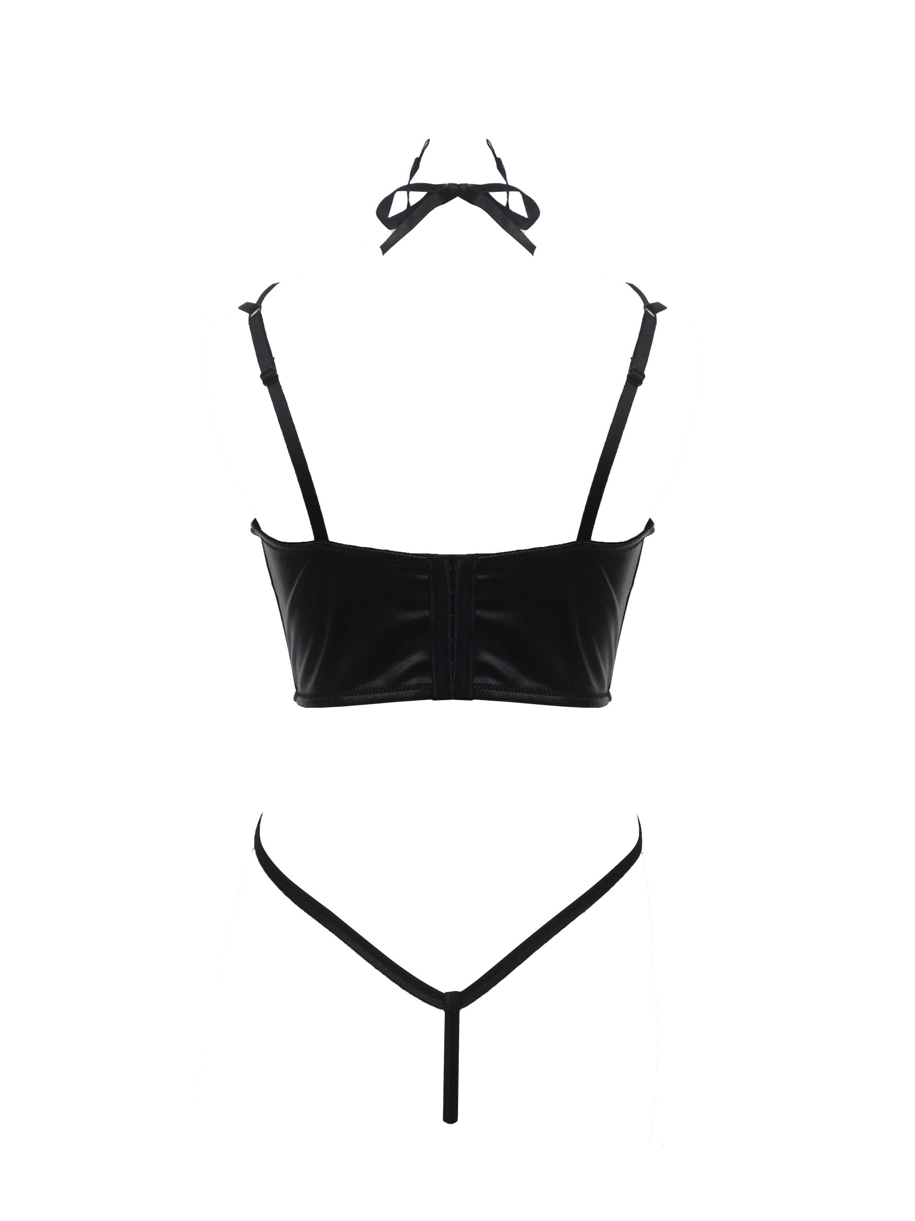 Free Tonight - Black Wet Look Embroidered Lingerie Set with Eyemask-Freetonight - 