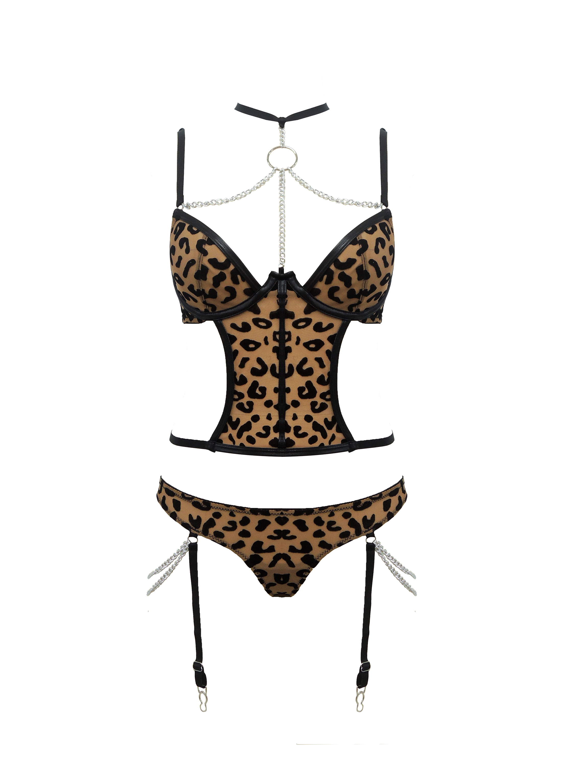 Free Tonight - Women’s Leopard Flocking Mesh Bustier and Thong Set-Freetonight - 