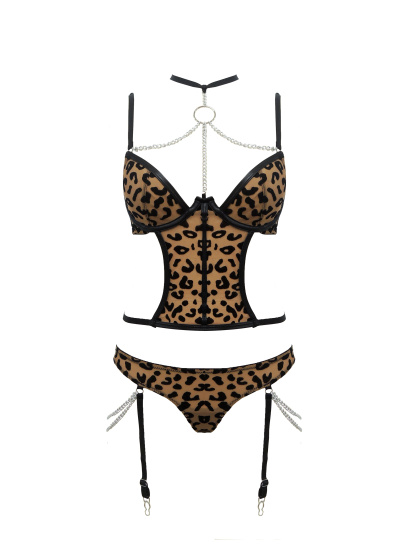 Free Tonight - Women’s Leopard Flocking Mesh Bustier and Thong Set-Freetonight - 