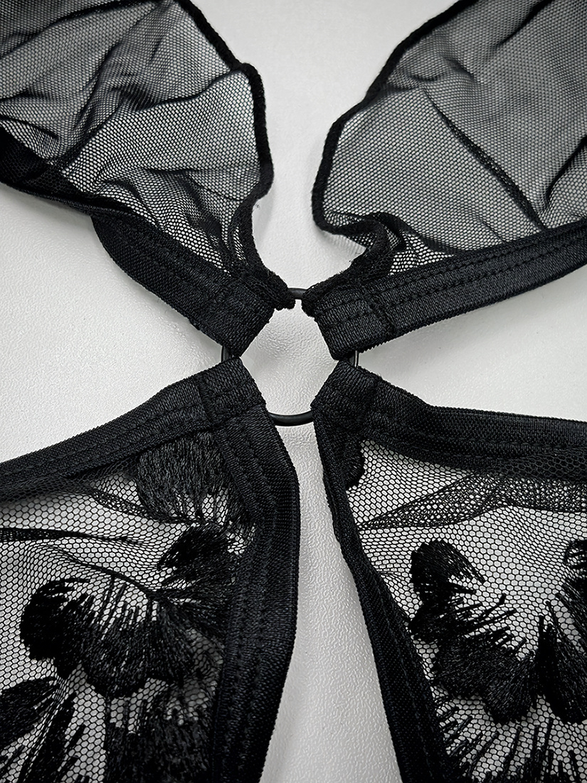 Free Tonight - Black Floral Embroidery Mesh Babydoll & G-String Set