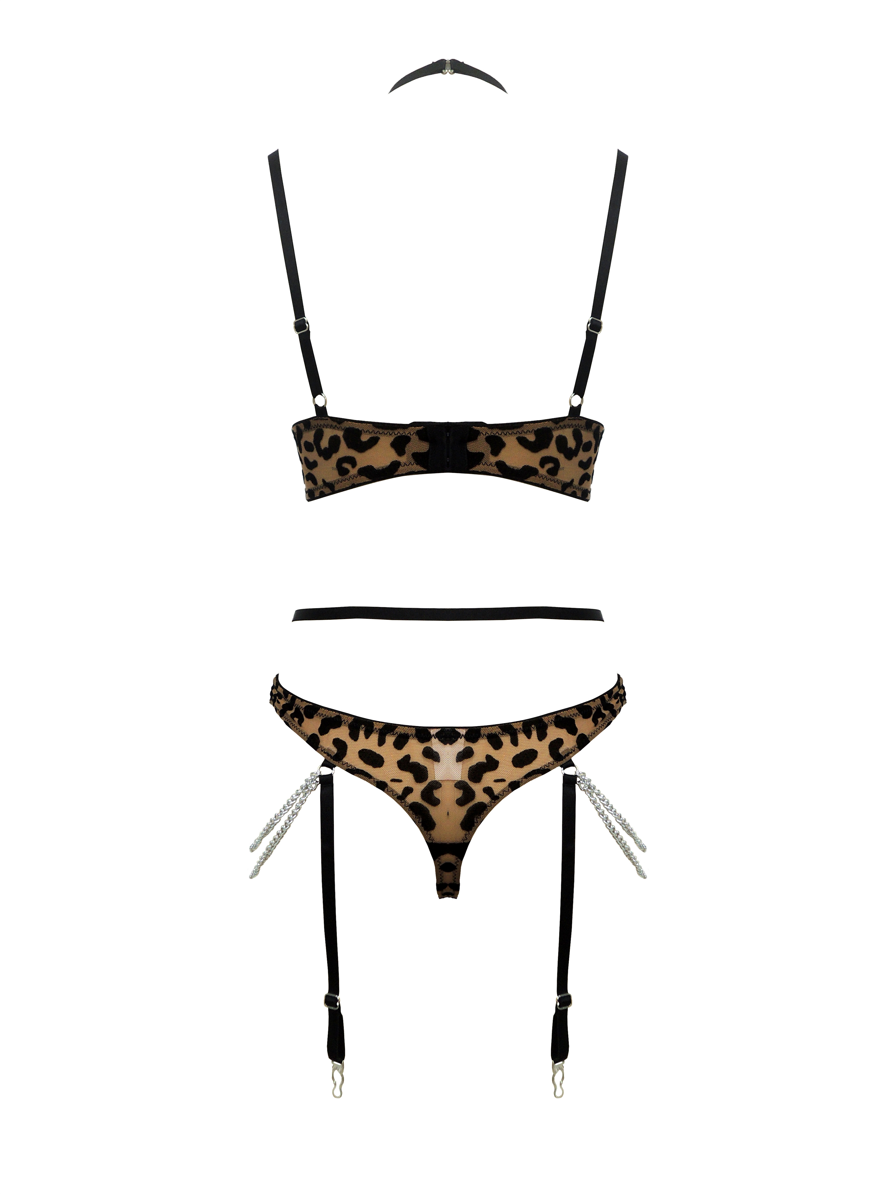 Free Tonight - Women’s Leopard Flocking Mesh Bustier and Thong Set-Freetonight - 