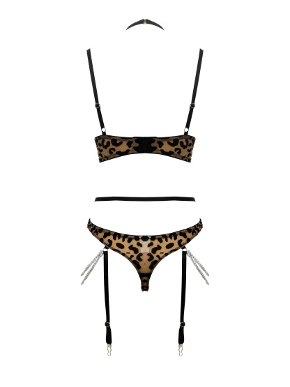 Free Tonight - Women’s Leopard Flocking Mesh Bustier and Thong Set-Freetonight - 