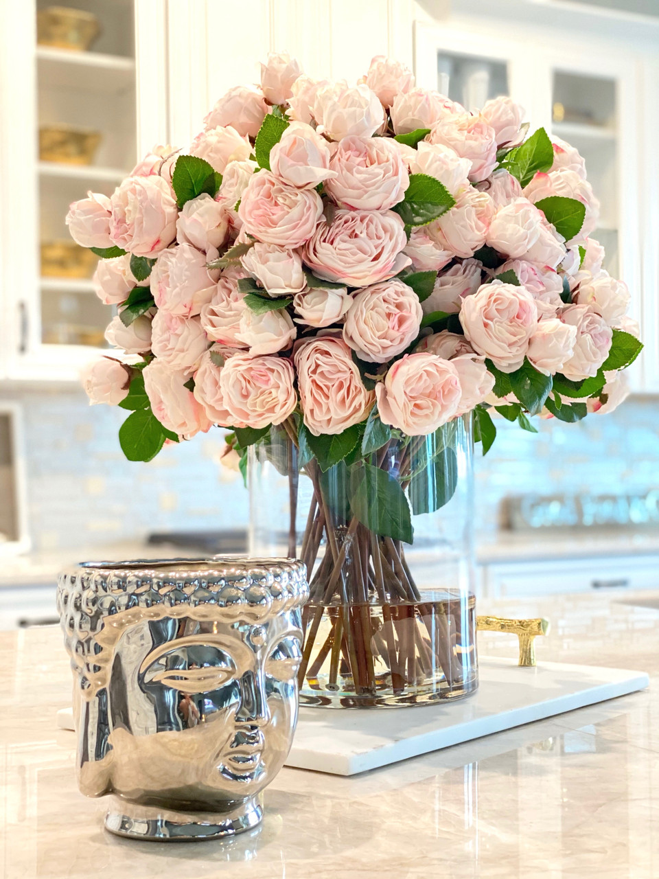 Blush English Roses in 16″ Glass Rota Vase 