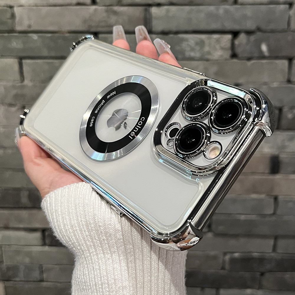Four-corner anti-fall suitable for Apple mobile phone case series magnifying glass magnetic plating anti-fall leakage mark support wireless charging protective case