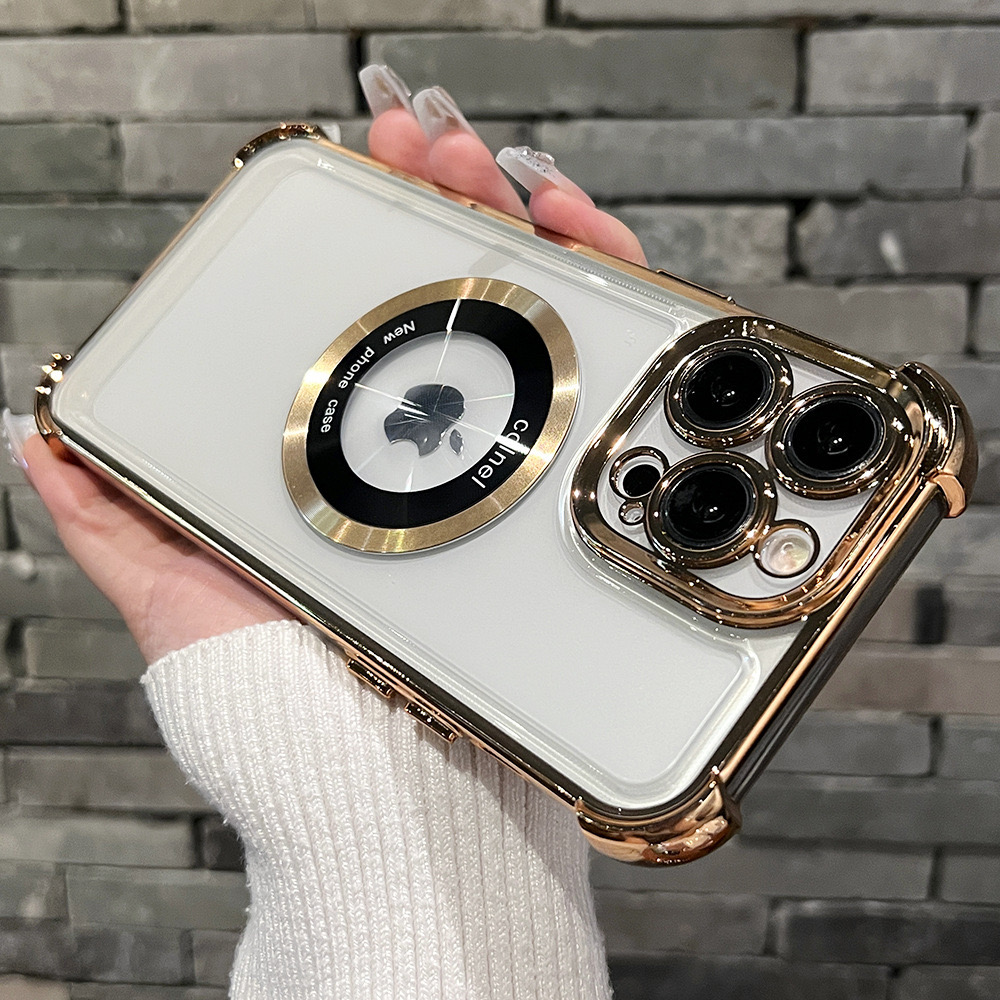 Four-corner anti-fall suitable for Apple mobile phone case series magnifying glass magnetic plating anti-fall leakage mark support wireless charging protective case