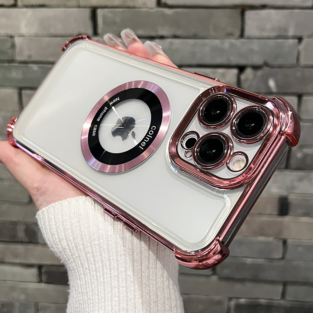 Four-corner anti-fall suitable for Apple mobile phone case series magnifying glass magnetic plating anti-fall leakage mark support wireless charging protective case