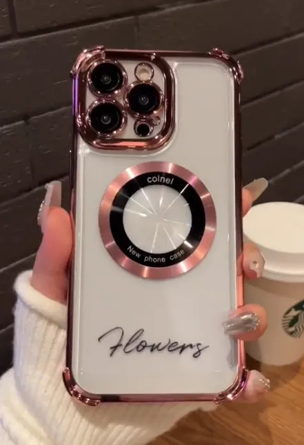 Four-corner anti-fall suitable for Apple mobile phone case series magnifying glass magnetic plating anti-fall leakage mark support wireless charging protective case