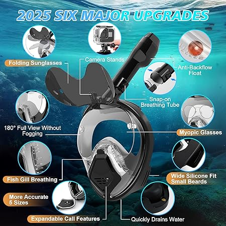 Devilfish Full Face Snorkel Mask Adults, Dry Top System Snorkeling Set with Foldable Sunglasses, 180 Degree Panoramic View Snorkel Gear, Scuba Diving Masks Anti-Leak & Anti-Fog（free shipping）