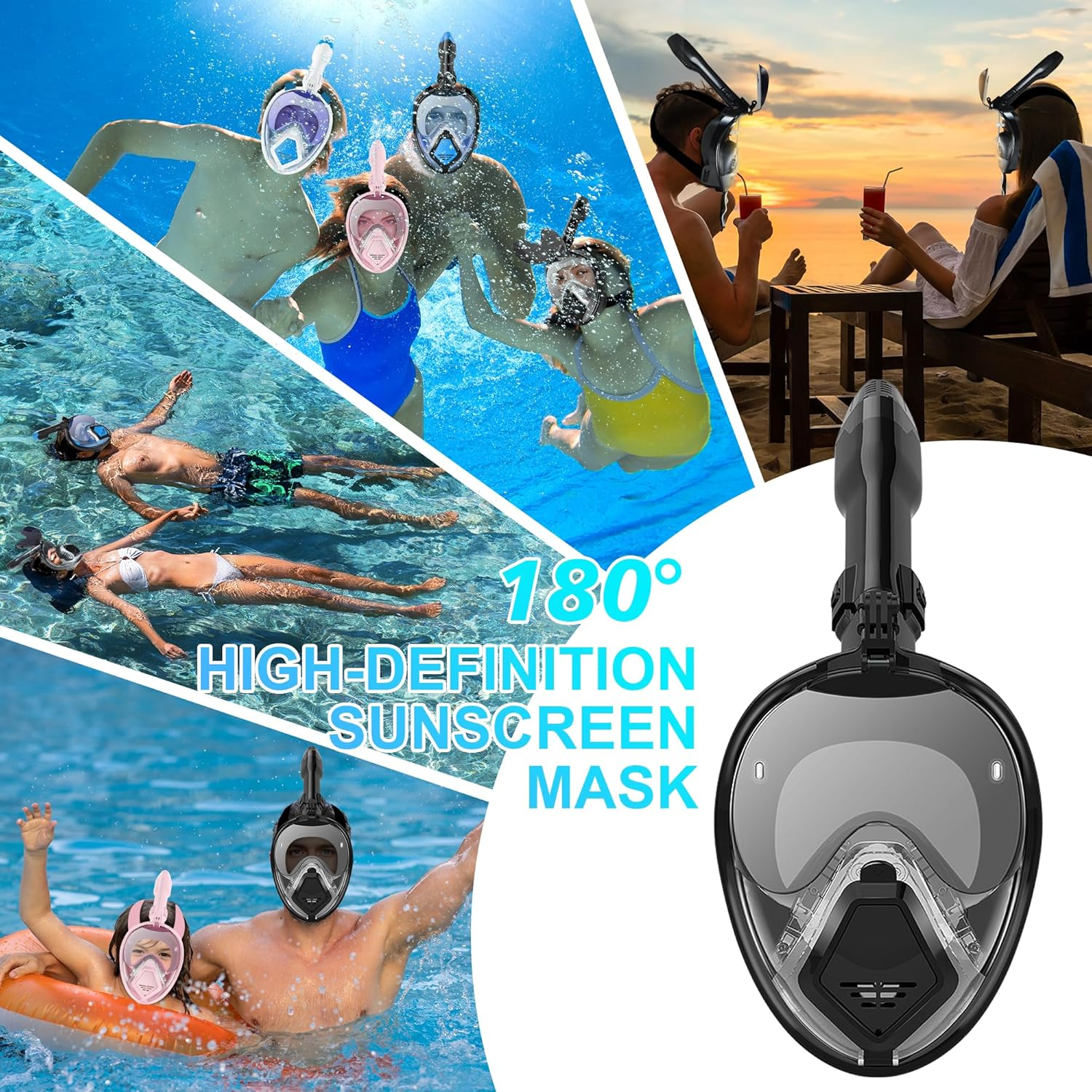 Devilfish Full Face Snorkel Mask Adults, Dry Top System Snorkeling Set with Foldable Sunglasses, 180 Degree Panoramic View Snorkel Gear, Scuba Diving Masks Anti-Leak & Anti-Fog（free shipping）