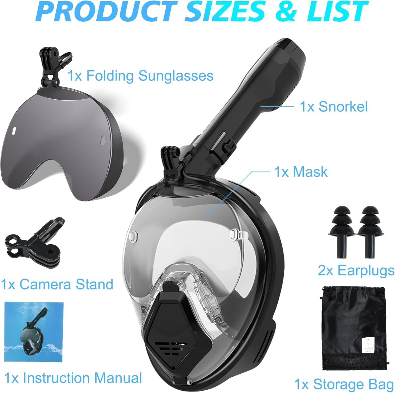 Devilfish Full Face Snorkel Mask Adults, Dry Top System Snorkeling Set with Foldable Sunglasses, 180 Degree Panoramic View Snorkel Gear, Scuba Diving Masks Anti-Leak & Anti-Fog（free shipping）