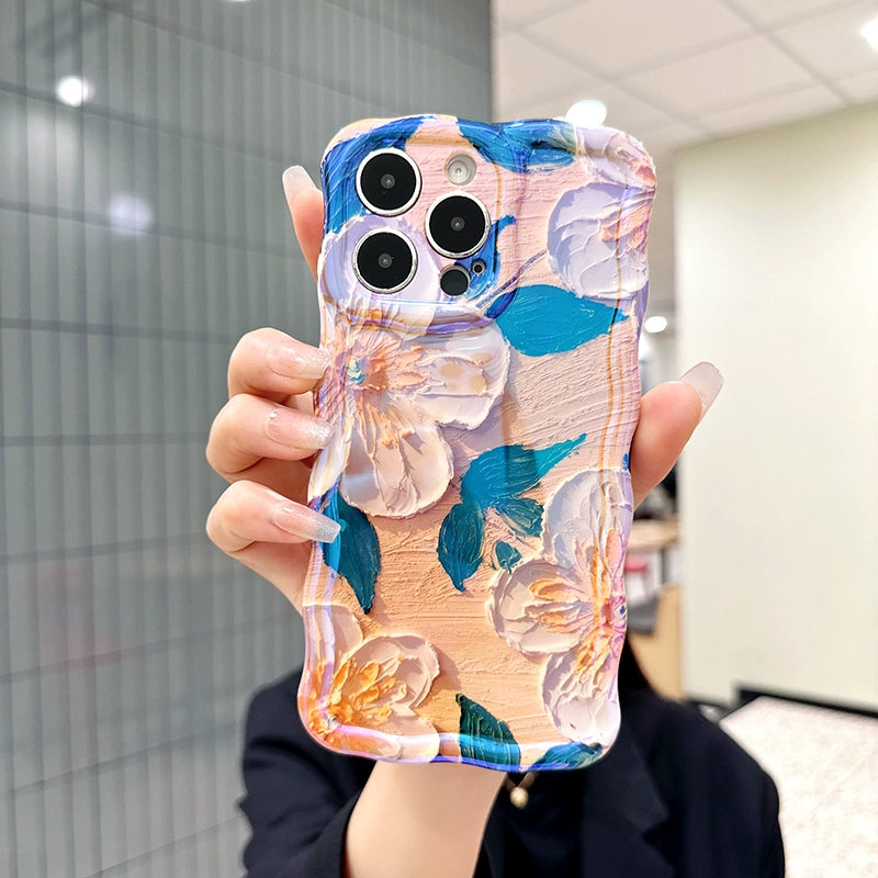 Ins Hot oil painting colorful flowers new anti-fall Blu-ray phone case with lanyard for iPhone