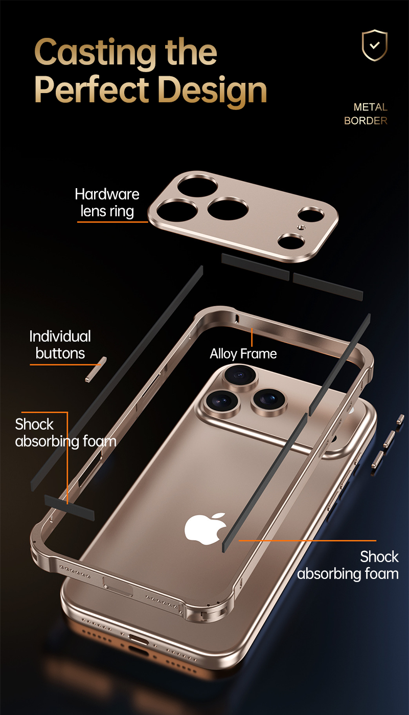 CASESUN iPhone 17 Pro Max exploded view showing alloy frame, foam padding, and metal lens ring components.