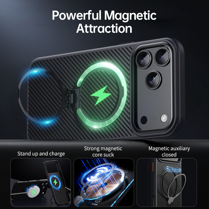 Carbon Fiber Texture 360° MagSafe Stand Case for iPhone 17 Pro Max