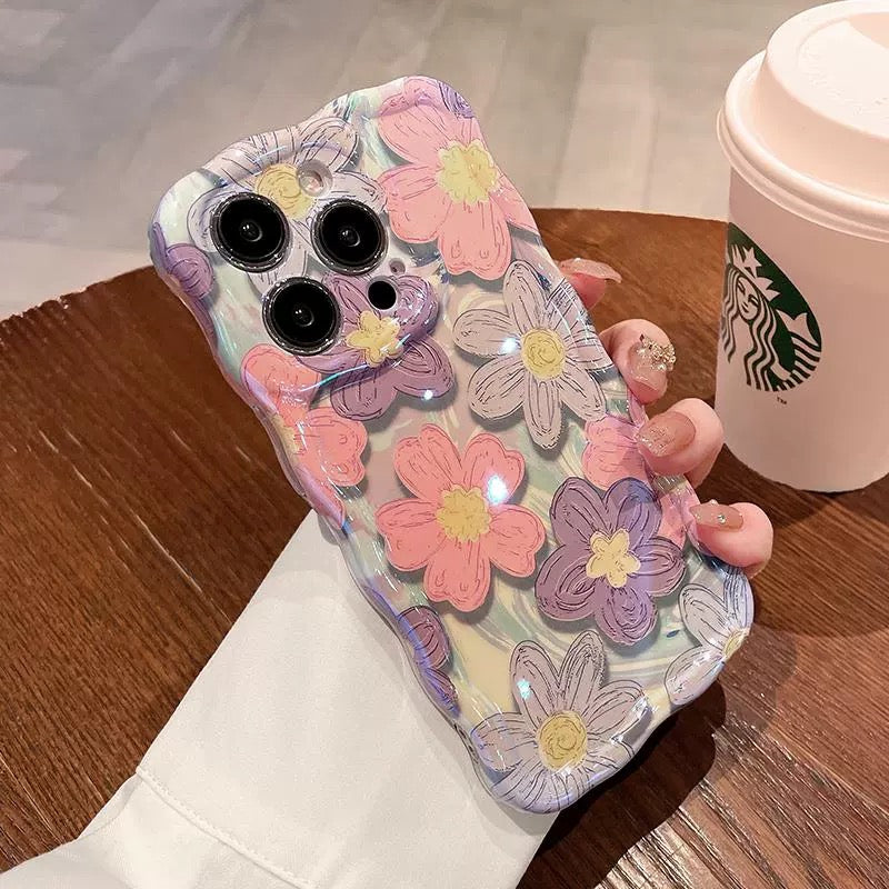 Ins Hot Oil Painting Flower & Butterfly flash lens film fresh flower girl anti drop cute phone case more than 100+ colors for iPhone