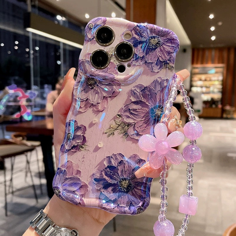 Ins Hot oil painting colorful flowers new anti-fall Blu-ray phone case with lanyard for iPhone