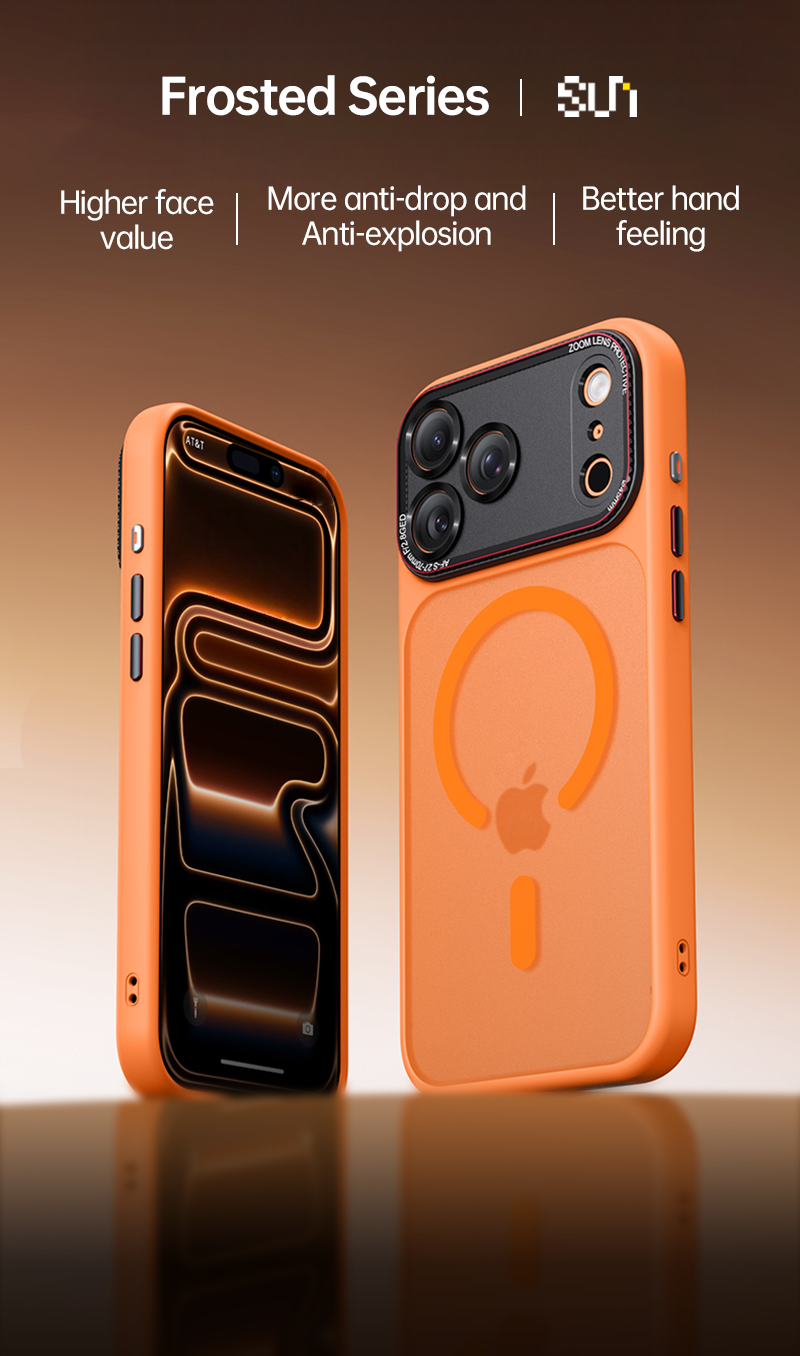 CaseSun iPhone 17 Pro Max case front and back view in frosted matte finish with metal lens frame, showing premium texture.