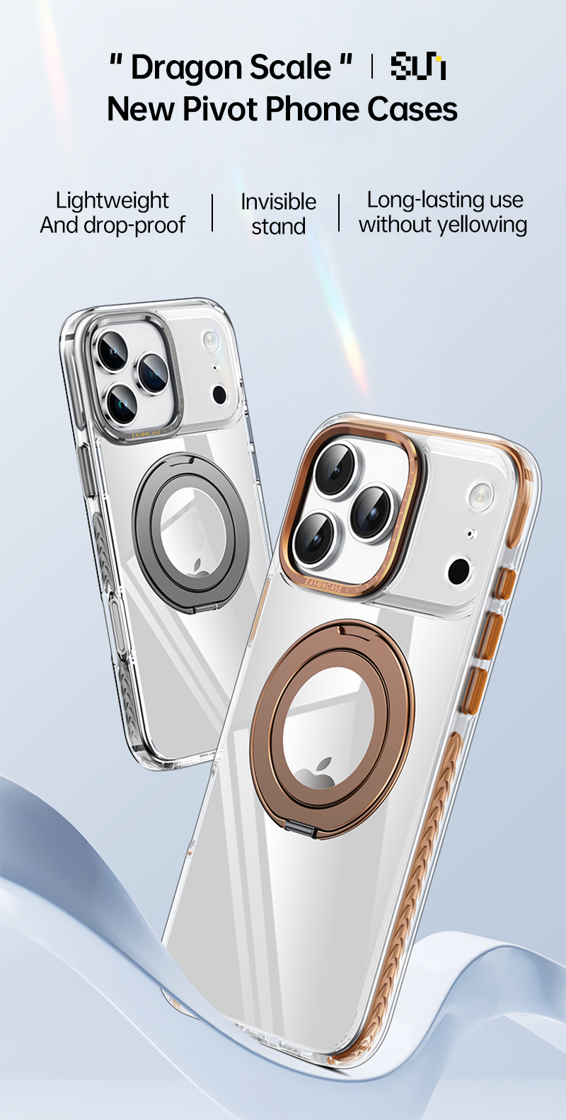 CASESUN-Clear Magnetic Pivot Case for iPhone 17 Series – Slim transparent design with built-in ring stand and MagSafe support.