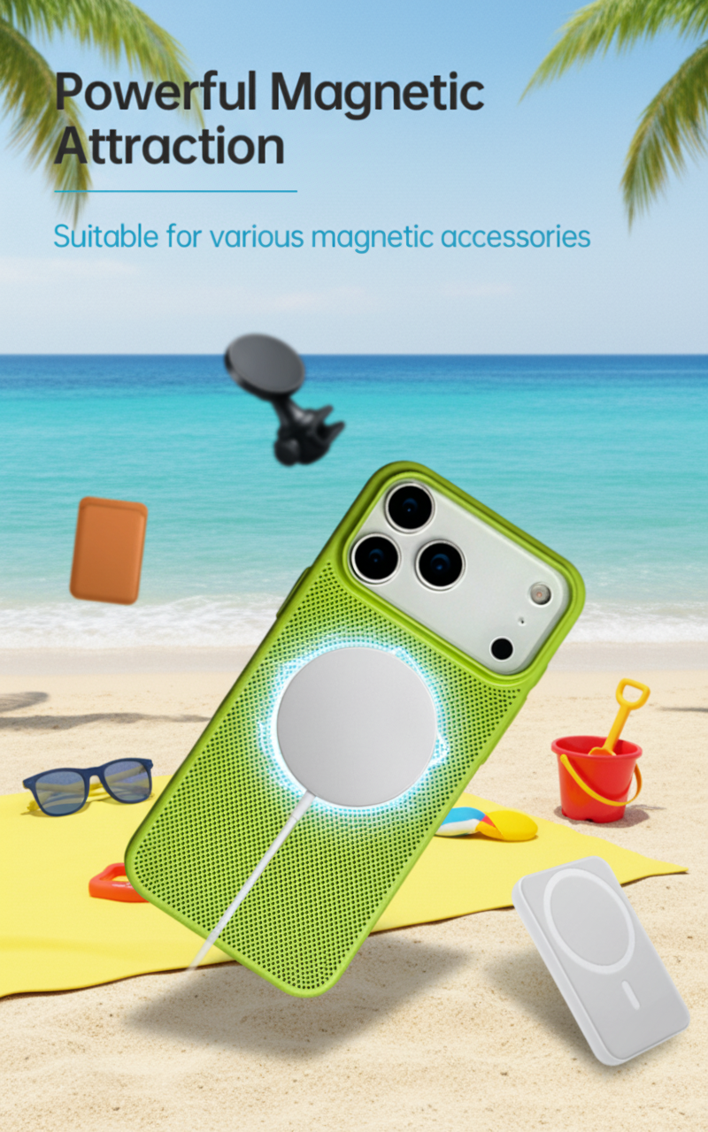 CaseSun iPhone 17 MagSafe Breathable Case – Green – Strong magnetic attraction with wireless charger on the beach