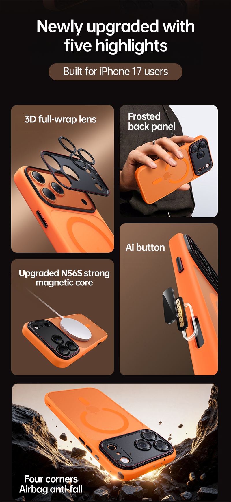CaseSun iPhone 17 Pro Max Frosted Series case features five highlights: 3D lens wrap, matte back, AI button, MagSafe magnet, and corner airbags.