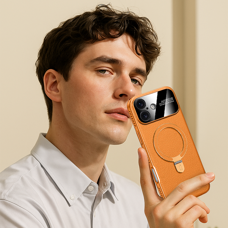 CASESUN iPhone 17 Pro Max vegan-leather cooling case with metal stand, premium PC + PU design.