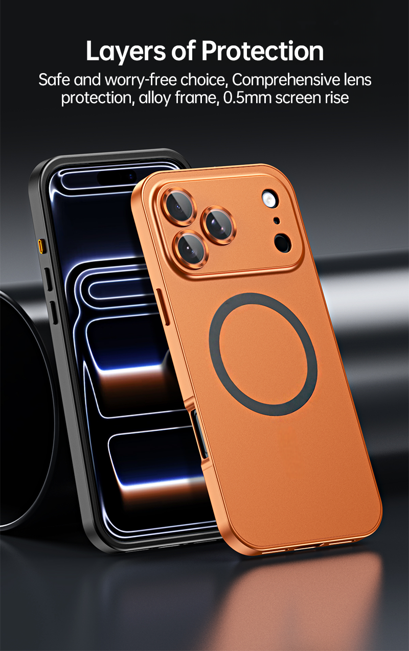 CASESUN-Orange and black iPhone 17 Pro Max cases standing upright, highlighting raised bezels and protective lens rings.