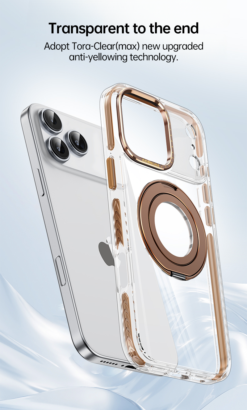 Transparent iPhone 17 Pro Max protective case – crystal-clear back with reinforced edges and magnetic ring.