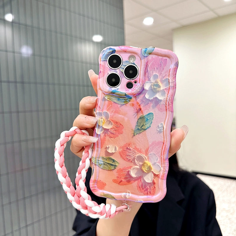 Ins Hot oil painting colorful flowers new anti-fall Blu-ray phone case with lanyard for iPhone