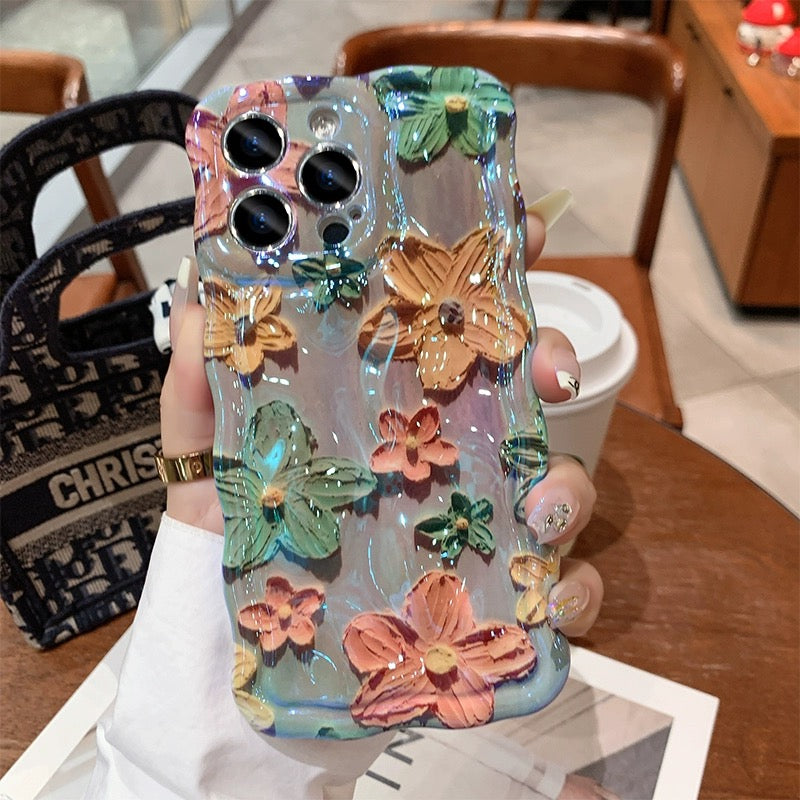 Ins Hot oil painting colorful flowers new anti-fall Blu-ray phone case with lanyard for iPhone