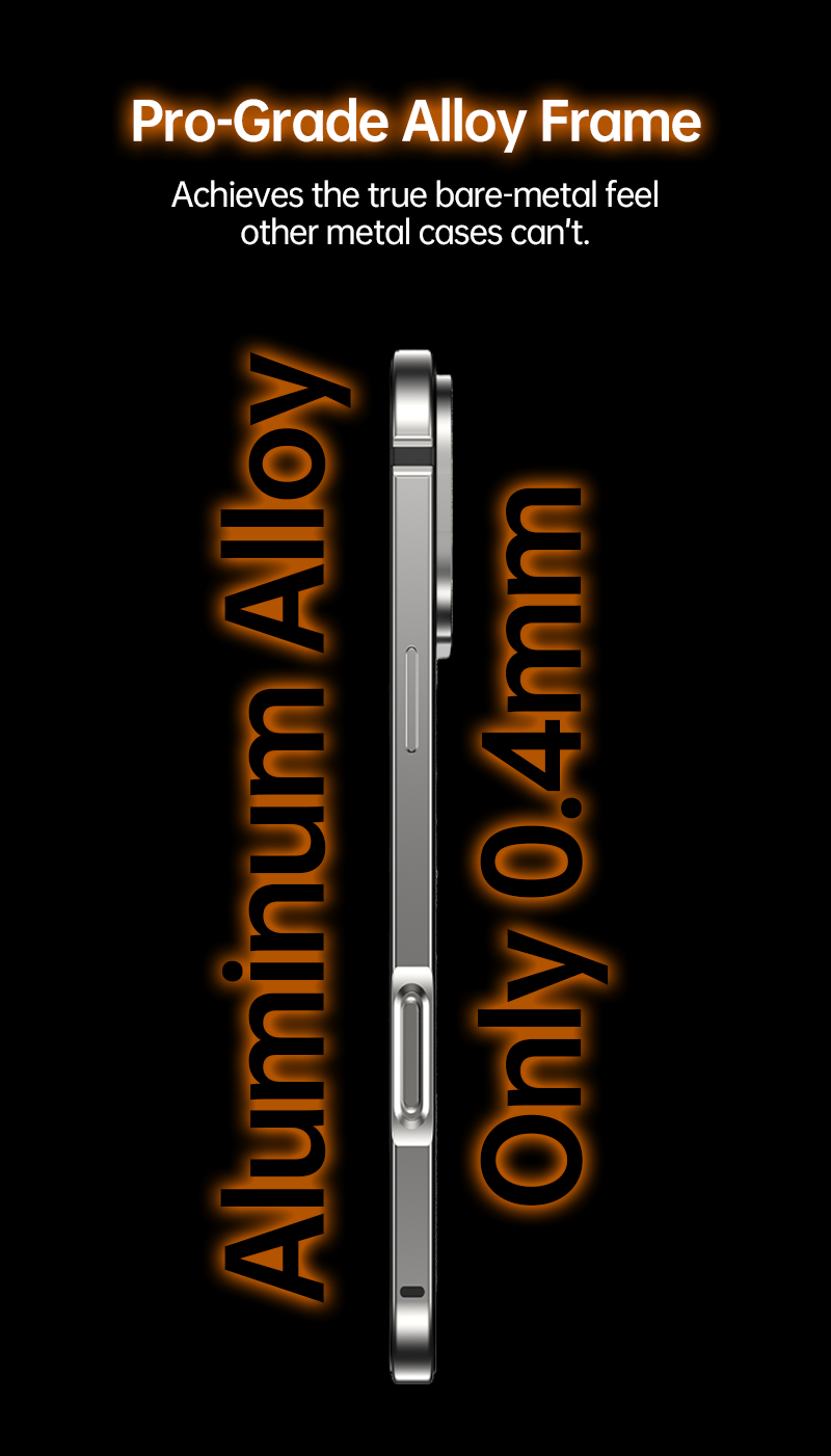 Side profile showing ultra-thin 0.4mm aluminum alloy frame of CASESUN iPhone 17 Pro Max case.