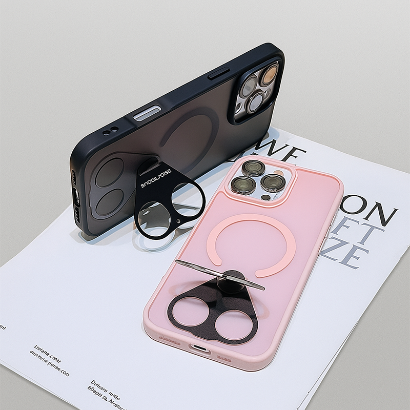 CaseSun-Double Ring Holder Series iPhone 17 Pro Max case in translucent black with integrated dual stand and magnetic support.