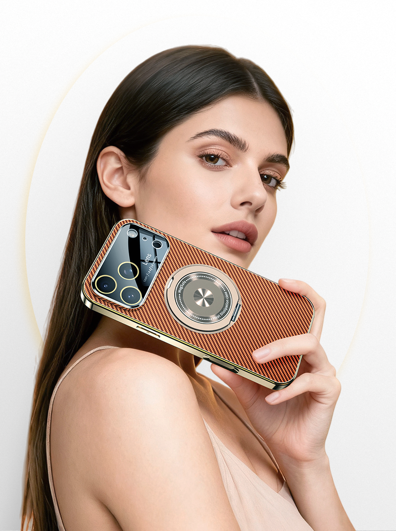Model holding CASESUN iPhone 17 Pro Max MagSafe case in blue Kevlar-style texture, reflecting luxury design and sophisticated metal detailing.