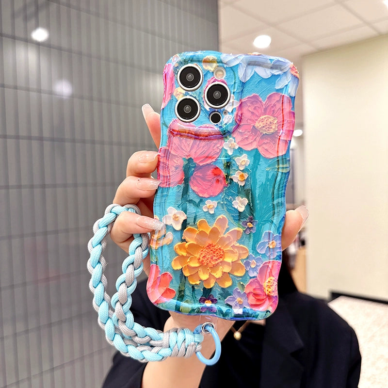 Ins Hot oil painting colorful flowers new anti-fall Blu-ray phone case with lanyard for iPhone