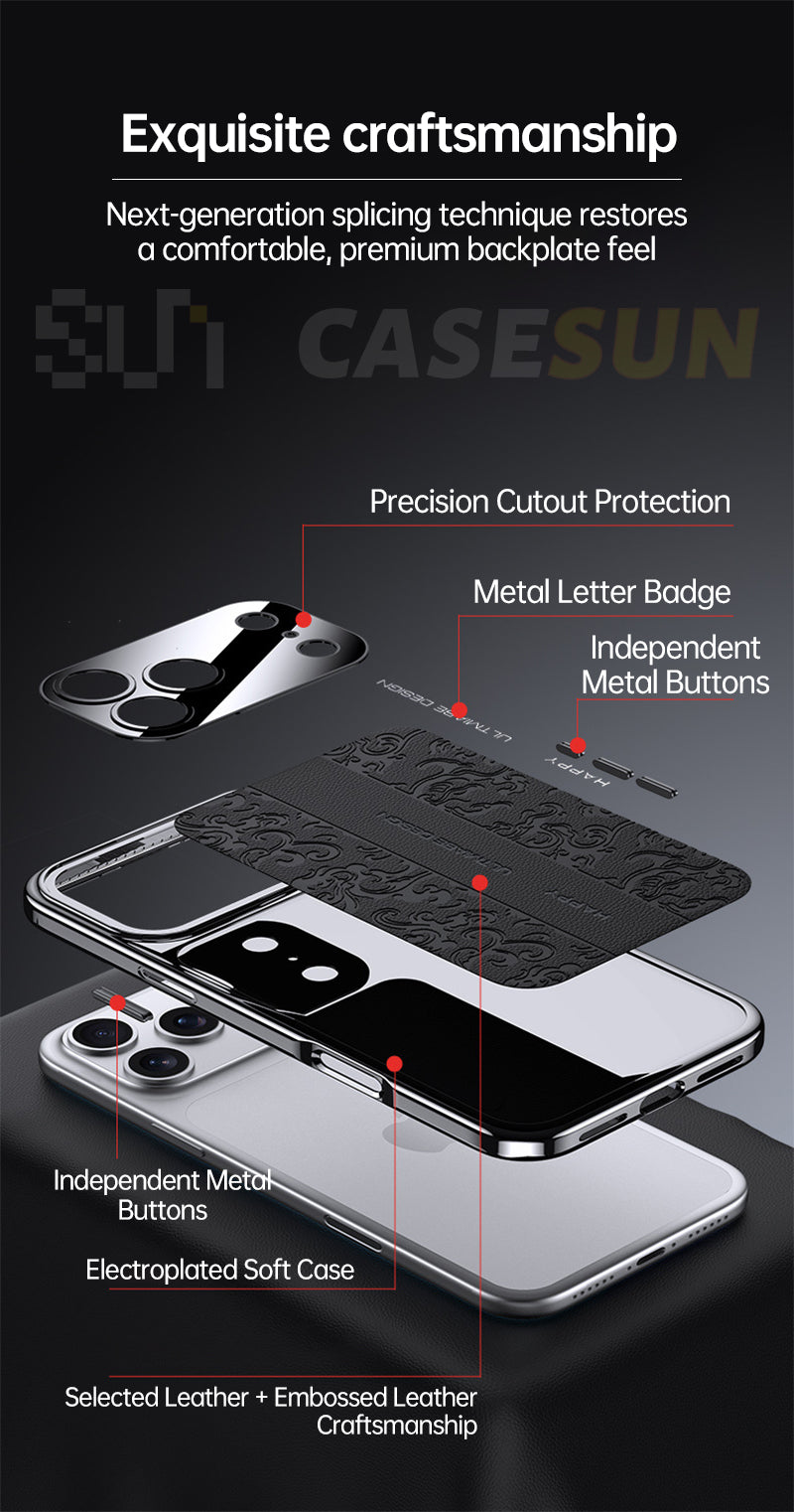 Exploded view of CASESUN iPhone 17 Pro Max case showing TPU shock frame, PC backplate, and embossed vegan leather layer