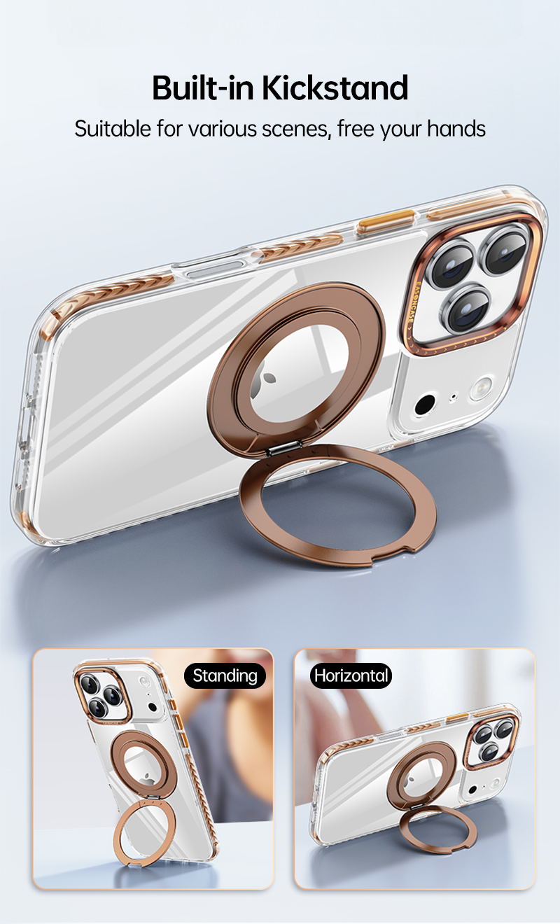 CASESUN-Built-in kickstand on iPhone 17 Pro Max clear case – supports vertical and horizontal hands-free viewing.