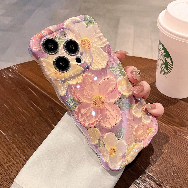 Ins Hot oil painting colorful flowers new anti-fall Blu-ray phone case with lanyard for iPhone